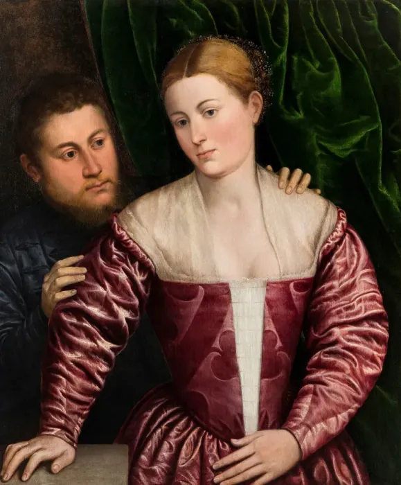 Framed Print : Double Portrait of a Venetian Woman and her Cavalier, c. 1560. Creator: Bordone, Paris (1500-1571) Framed Print : Double Portrait of a Venetian Woman and her Cavalier, c. 1560. Creator: Bordone, Paris (1500-1571)