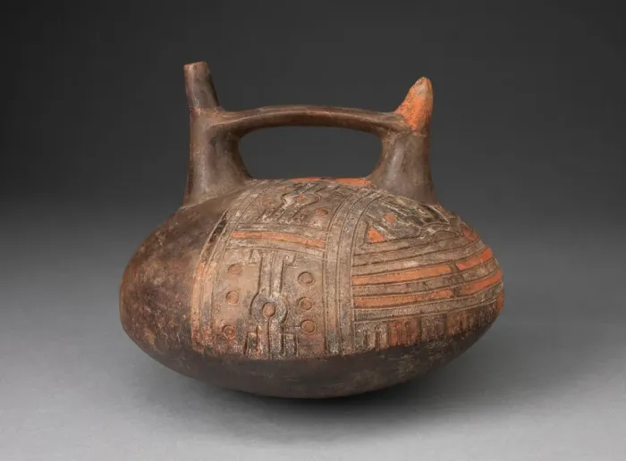 Framed Print : Double Spout and Bridge Vessel Depicting Incised and Painted Abstract Feline Face Framed Print : Double Spout and Bridge Vessel Depicting Incised and Painted Abstract Feline Face