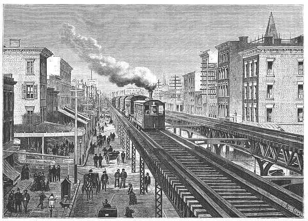 Double way overhead railway, circulating by the Seventh Avenue in New - York, engraving 1872