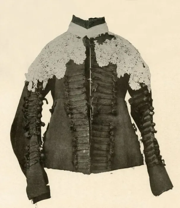 Framed Print : Doublet of black cloth trimmed with silk braid and crochet buttons, c17th century, (1937) Framed Print : Doublet of black cloth trimmed with silk braid and crochet buttons, c17th century, (1937)
