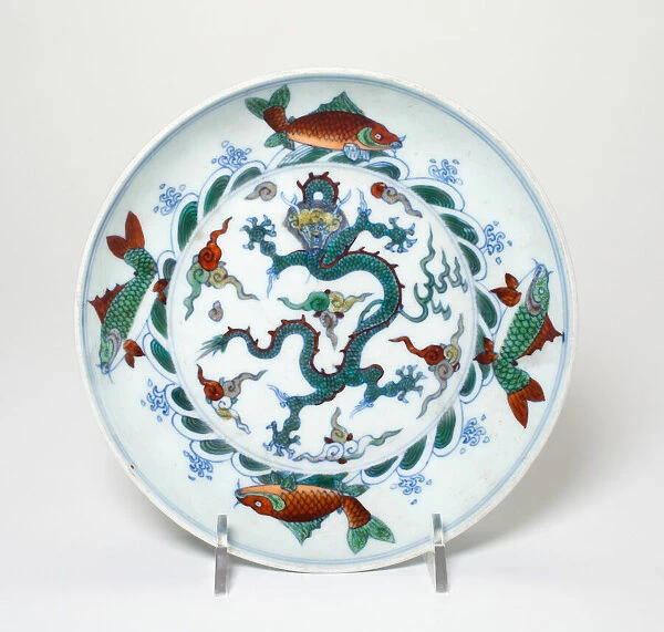 Doucai Dragon Dish, Qing dynasty (1644-1911), 18th  /  19th century. Creator: Unknown