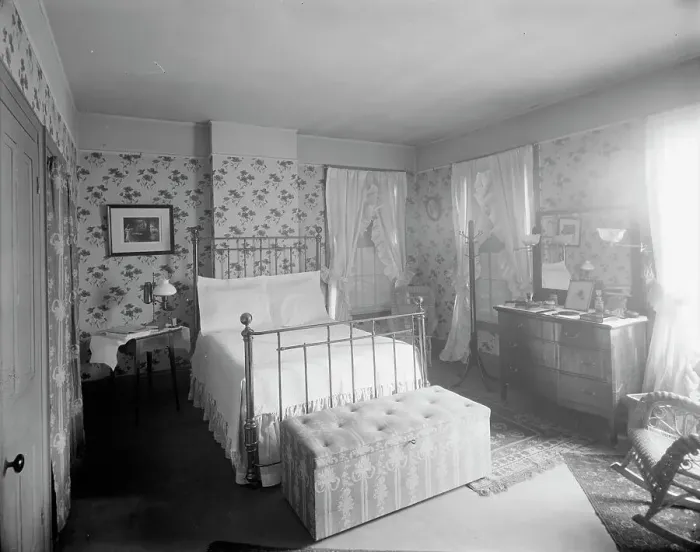 Framed Print : Douglas residence, bedroom with hat tree, Detroit, Mich. between 1905 and 1915. Creator: Unknown Framed Print : Douglas residence, bedroom with hat tree, Detroit, Mich. between 1905 and 1915. Creator: Unknown