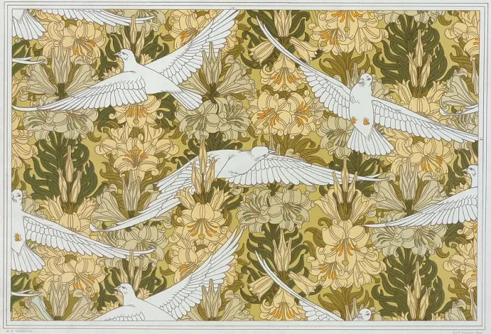 Framed Print : Doves and lilies, 1897. Creator: Verneuil, Maurice Pillard (1869-1942) Framed Print : Doves and lilies, 1897. Creator: Verneuil, Maurice Pillard (1869-1942)