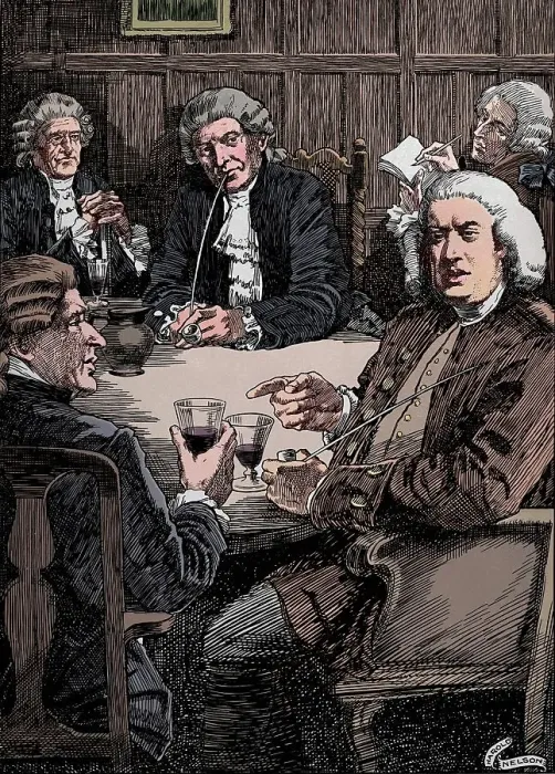 Framed Print : Dr. Johnson Discoursing With His Friends, c1900, (1912). Artist: Harold Edward Hughes Nelson Framed Print : Dr. Johnson Discoursing With His Friends, c1900, (1912). Artist: Harold Edward Hughes Nelson