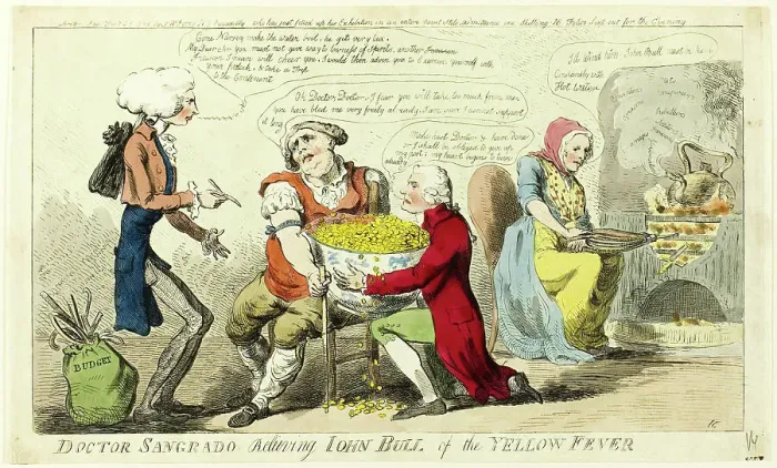 Framed Print : Dr. Sangrado Relieving John Bull of Yellow Fever, published February 25, 1795. Creator: Isaac Cruikshank Framed Print : Dr. Sangrado Relieving John Bull of Yellow Fever, published February 25, 1795. Creator: Isaac Cruikshank