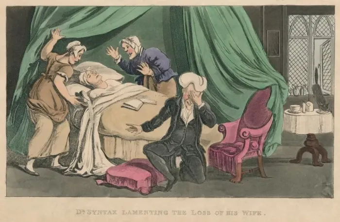 Framed Print : Dr Syntax Lamenting the Loss of His Wife, 1820. Artist: Thomas Rowlandson Framed Print : Dr Syntax Lamenting the Loss of His Wife, 1820. Artist: Thomas Rowlandson