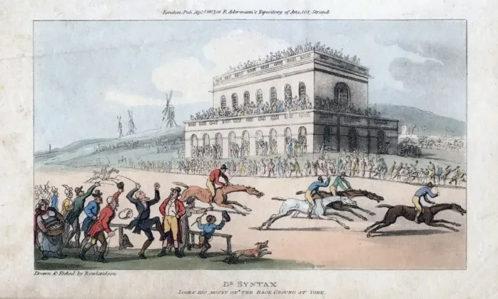 Framed Print : Dr Syntax Loses his Money at the Race Ground at York, 1813. Artist: Thomas Rowlandson Framed Print : Dr Syntax Loses his Money at the Race Ground at York, 1813. Artist: Thomas Rowlandson
