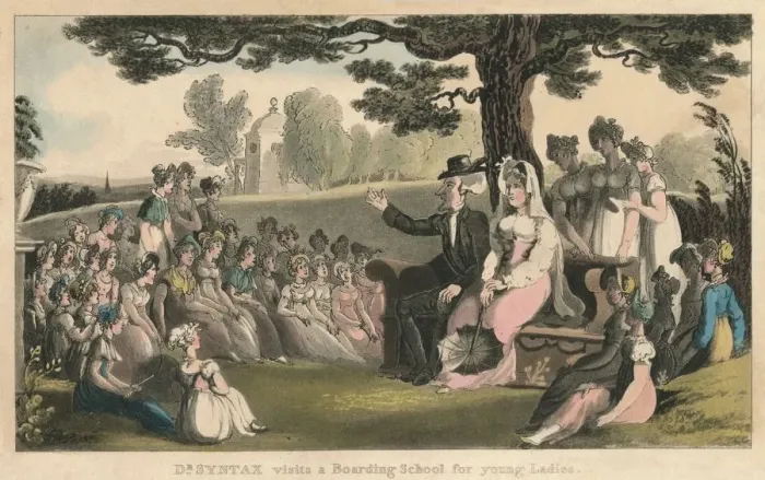 Framed Print : Dr Syntax visits a Boarding School for young Ladies, 1820. Artist: Thomas Rowlandson Framed Print : Dr Syntax visits a Boarding School for young Ladies, 1820. Artist: Thomas Rowlandson