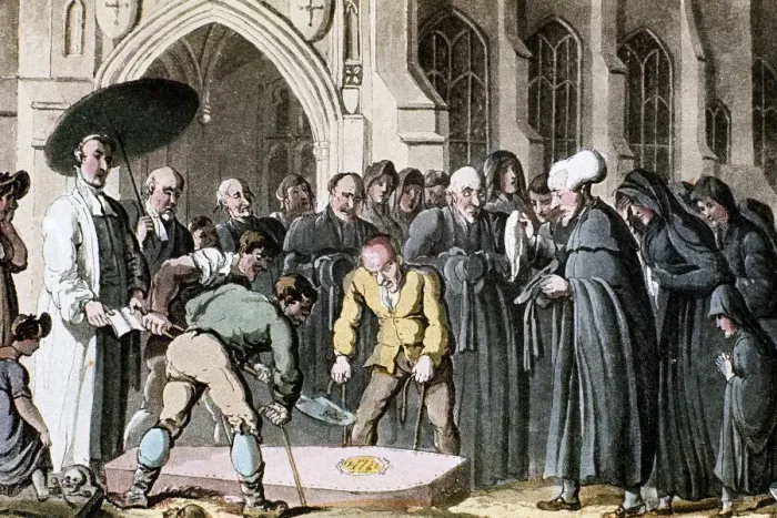 Framed Print : Dr Syntax watching his wifes coffin being lowered into the grave, 1820. Artist: Thomas Rowlandson Framed Print : Dr Syntax watching his wifes coffin being lowered into the grave, 1820. Artist: Thomas Rowlandson