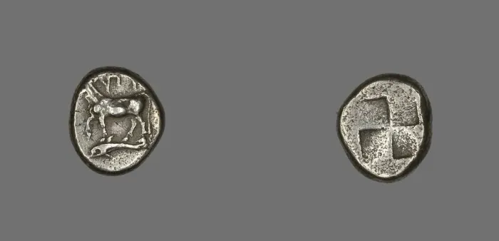 Framed Print : Drachm (Coin) Depicting a Cow with Dolphin below, about 416-357 BCE. Creator: Unknown Framed Print : Drachm (Coin) Depicting a Cow with Dolphin below, about 416-357 BCE. Creator: Unknown