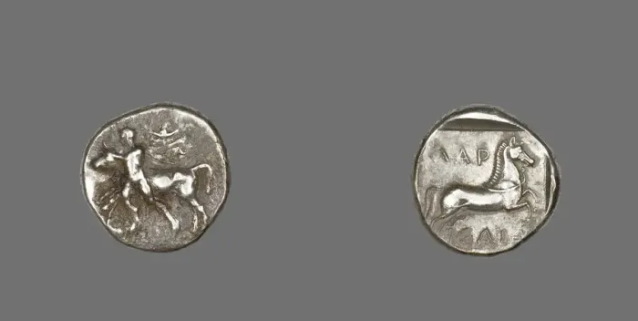 Framed Print : Drachm (Coin) Depicting Thessalos Holding a Bull, 435-400 BCE. Creator: Unknown