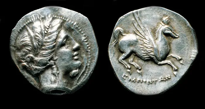 Framed Print : Drachma from Emporion. Obverse: Head of Persephone. Reverse: Pegasus, Third cent. BC. Artist: Numismatic, Ancient Coins Framed Print : Drachma from Emporion. Obverse: Head of Persephone. Reverse: Pegasus, Third cent. BC. Artist: Numismatic, Ancient Coins