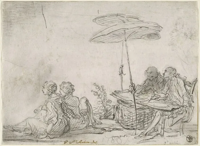 Framed Print : Draftsmen Outdoors, c. 1760. Creator: Gabriel de Saint-Aubin Framed Print : Draftsmen Outdoors, c. 1760. Creator: Gabriel de Saint-Aubin