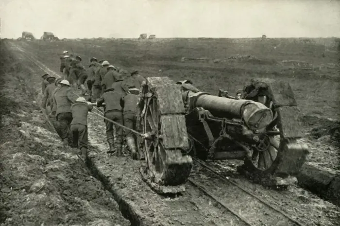 Framed Print : Dragging the Guns to New Advance Positions, (1919). Creator: Unknown Framed Print : Dragging the Guns to New Advance Positions, (1919). Creator: Unknown