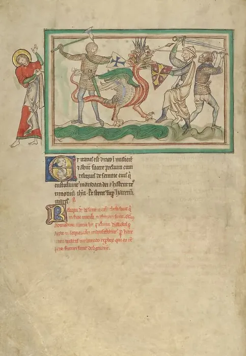 Framed Print : The Dragon Fighting the Just; Dyson Perrins Apocalypse, about 1255-1260. Creator: Unknown Framed Print : The Dragon Fighting the Just; Dyson Perrins Apocalypse, about 1255-1260. Creator: Unknown
