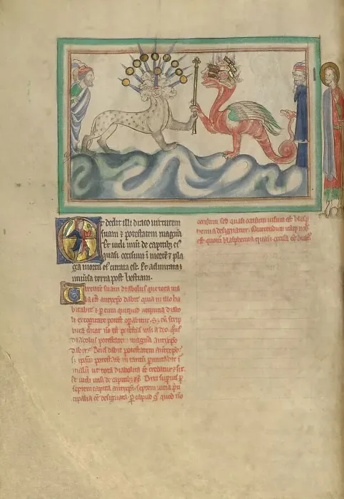 Framed Print : The Dragon Giving the Sceptor of Power to the Beast from the Sea, about 1255-1260. Creator: Unknown Framed Print : The Dragon Giving the Sceptor of Power to the Beast from the Sea, about 1255-1260. Creator: Unknown