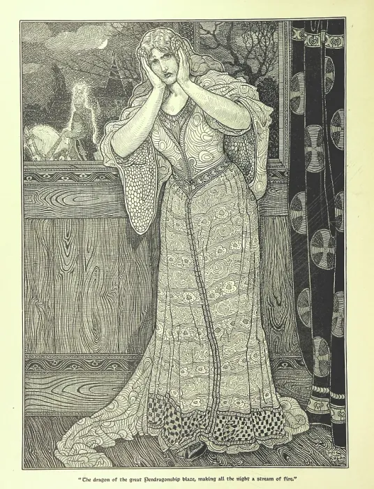 Framed Print : The dragon of the great Pendragonship blaze, making all the night a stream of fire, 1898. Creator: Louis John Rhead Framed Print : The dragon of the great Pendragonship blaze, making all the night a stream of fire, 1898. Creator: Louis John Rhead