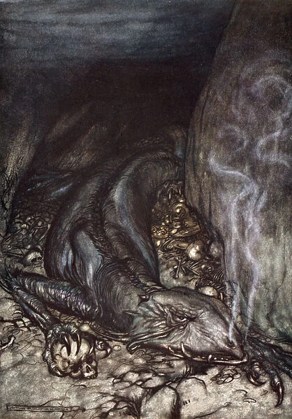 In dragons form Fafner now watches the hoard, 1924. Artist: Arthur Rackham