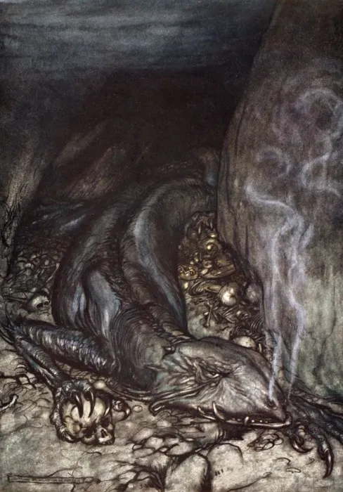 Framed Print : In dragons form Fafner now watches the hoard, 1924. Artist: Arthur Rackham Framed Print : In dragons form Fafner now watches the hoard, 1924. Artist: Arthur Rackham
