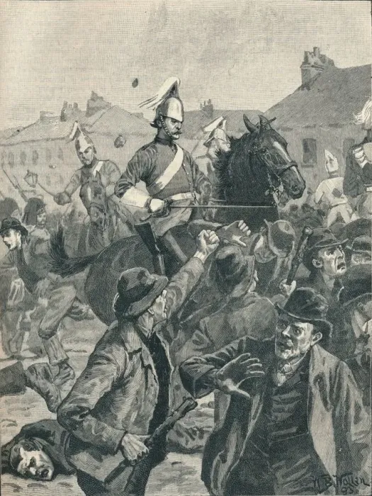 Framed Print : Dragoons and Highlanders scattering rioters in Belfast, 1872 (1906) Framed Print : Dragoons and Highlanders scattering rioters in Belfast, 1872 (1906)