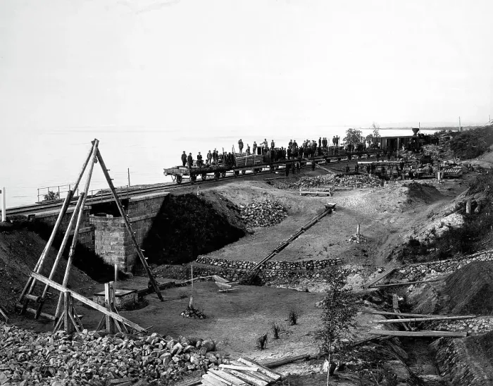 Framed Print : Drainage Work near a Railroad Bridge, 1900-1904. Creator: Unknown Framed Print : Drainage Work near a Railroad Bridge, 1900-1904. Creator: Unknown