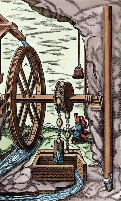 Framed Print : A mine being drained by a rag-and-chain pump powered by an overshot water wheel, 1556 Framed Print : A mine being drained by a rag-and-chain pump powered by an overshot water wheel, 1556