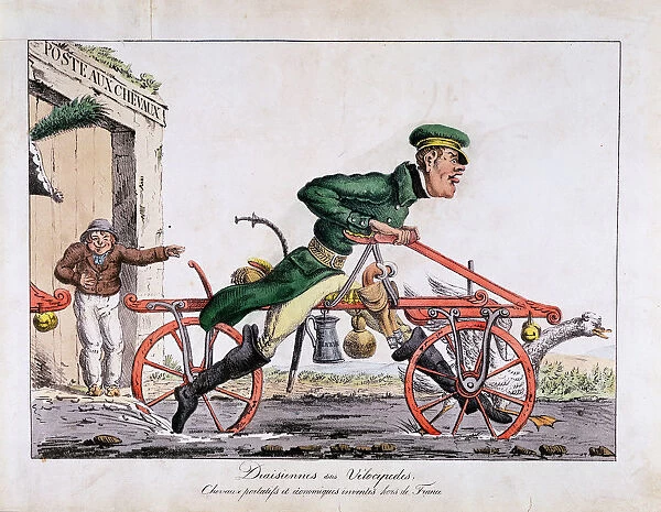 Draisienne or velocipede shown replacing horses in the French post service, 1818