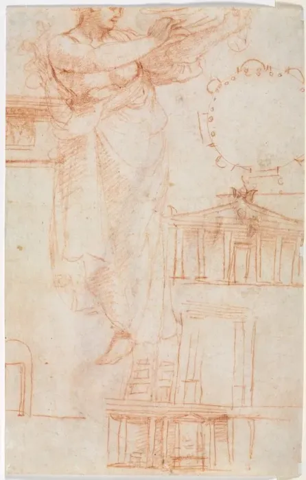 Framed Print : A Draped Female Figure (possibly an Amazon) and Architectural Studies (verso), c. 1525 Framed Print : A Draped Female Figure (possibly an Amazon) and Architectural Studies (verso), c. 1525