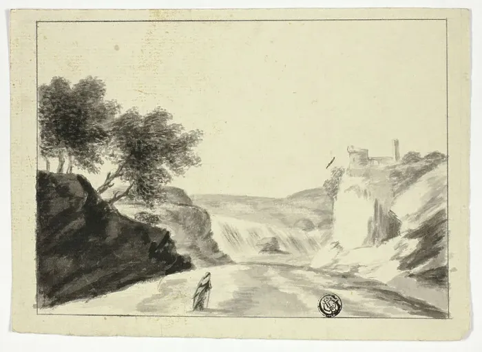 Framed Print : Draped Figure in Landscape with Castle on a Cliff, n.d. Creator: Unknown Framed Print : Draped Figure in Landscape with Castle on a Cliff, n.d. Creator: Unknown