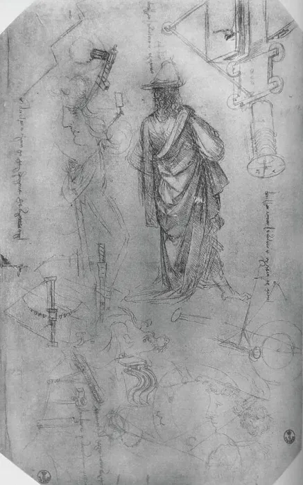 Framed Print : A Draped Figure, Studies of Machinery Etc. c1480 (1945). Artist: Leonardo da Vinci Framed Print : A Draped Figure, Studies of Machinery Etc. c1480 (1945). Artist: Leonardo da Vinci