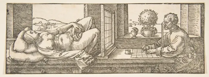 Framed Print : Draughtsman Making a Perspective Drawing of a Reclining Woman, ca. 1600 Framed Print : Draughtsman Making a Perspective Drawing of a Reclining Woman, ca. 1600