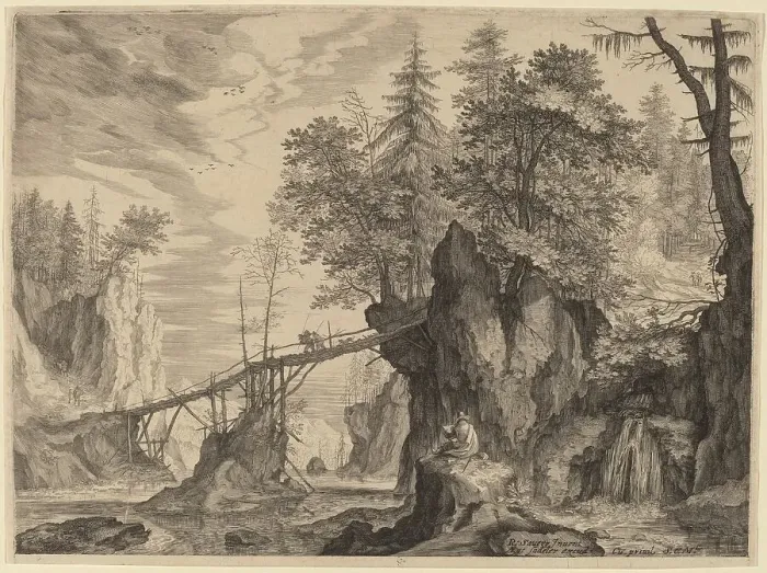 Framed Print : Draughtsman on a Stone before a Bridge, probably c. 1609. Creator: Aegidius Sadeler II Framed Print : Draughtsman on a Stone before a Bridge, probably c. 1609. Creator: Aegidius Sadeler II