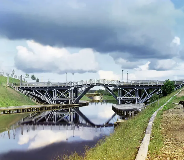Framed Print : Drawbridge on the Vytegra River [Russian Empire], 1909. Creator: Sergey Mikhaylovich Prokudin-Gorsky