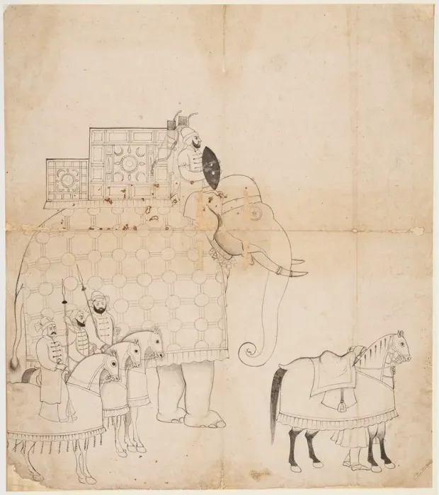 Framed Print : A drawing of Caparisoned Elephant and Horses, c. 1760. Creator: Unknown Framed Print : A drawing of Caparisoned Elephant and Horses, c. 1760. Creator: Unknown