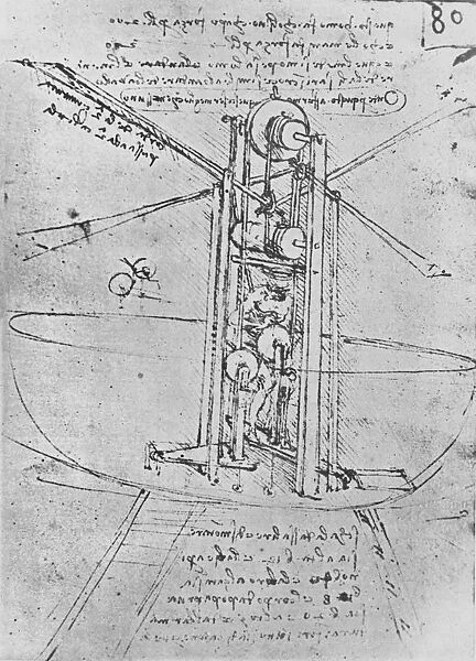 Drawing of a Flying Machine with a Man Operating It, c1480 (1945). Artist: Leonardo da Vinci