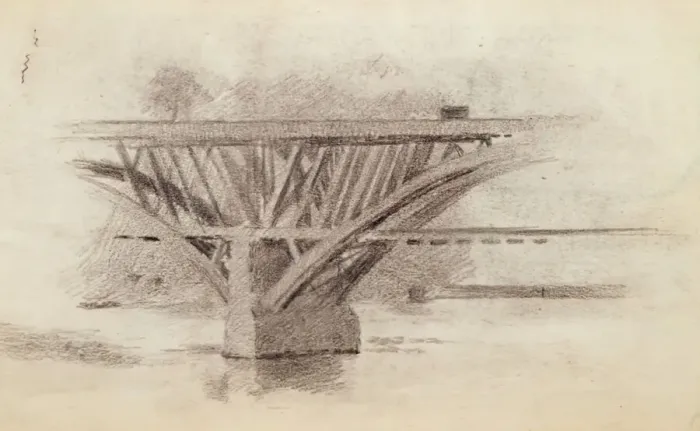 Framed Print : Drawing Of Girard Avenue Bridge / Verso Sketch Of An Oar, c. 1871. Creator: Thomas Eakins Framed Print : Drawing Of Girard Avenue Bridge / Verso Sketch Of An Oar, c. 1871. Creator: Thomas Eakins