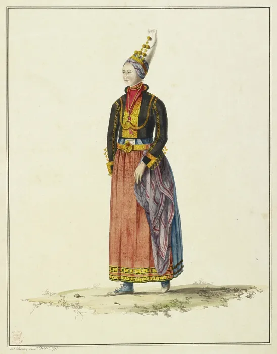 Framed Print : Drawing of an Icelandic woman in her bridal dress, 1772. Creator: John Clovelly Framed Print : Drawing of an Icelandic woman in her bridal dress, 1772. Creator: John Clovelly