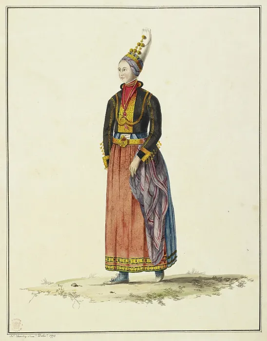 Framed Print : Drawing of an Icelandic woman in her bridal dress, 1772. Creator: Sir Joseph Banks Framed Print : Drawing of an Icelandic woman in her bridal dress, 1772. Creator: Sir Joseph Banks