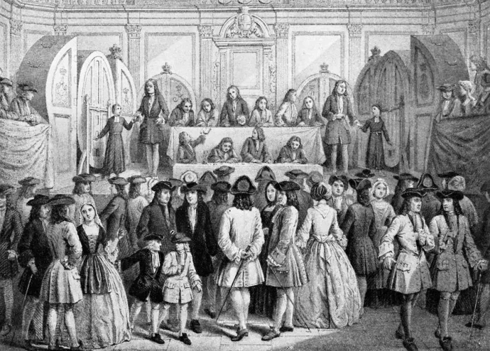 Framed Print : Drawing a lottery in the Guildhall, 1739, (c1920) Framed Print : Drawing a lottery in the Guildhall, 1739, (c1920)