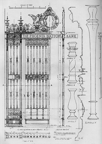 Detail drawing of the main entrance door grille, Phoenix National Bank, 1924