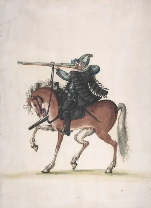 Framed Print : Drawing of a Mounted Arquebusier (Soldier on Horseback), late 16th century Framed Print : Drawing of a Mounted Arquebusier (Soldier on Horseback), late 16th century