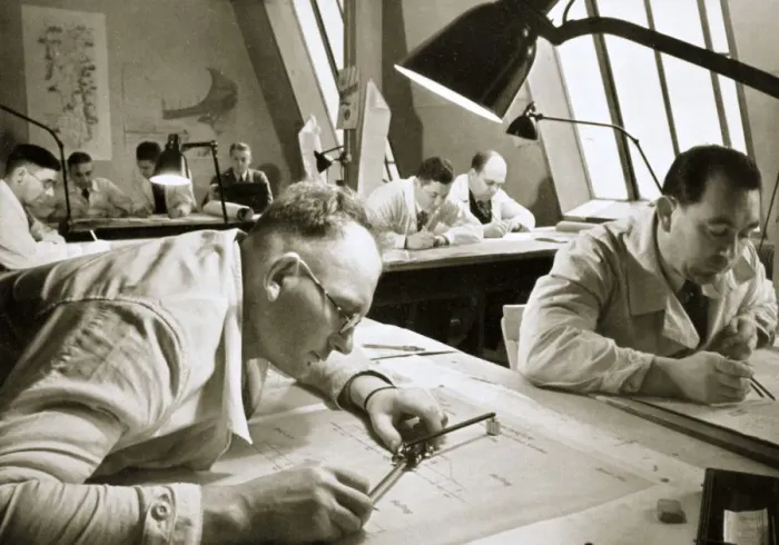 Framed Print : A drawing office scene, where new plans for fresh works are drawn up, Germany, 1936 Framed Print : A drawing office scene, where new plans for fresh works are drawn up, Germany, 1936
