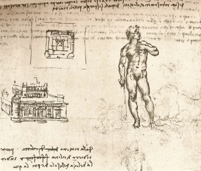 Framed Print : Drawing of plans for a castle, and of a nude figure, washed with Indian ink, c1472-c1519 (1883). Artist: Leonardo da Vinci Framed Print : Drawing of plans for a castle, and of a nude figure, washed with Indian ink, c1472-c1519 (1883). Artist: Leonardo da Vinci