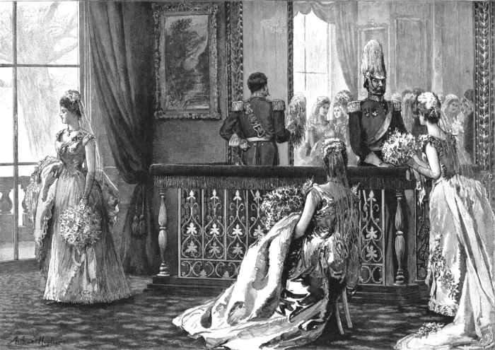 Framed Print : A Drawing-Room at Buchingham Palace -- Waiting in the Pen'before the presentation to... 1890. Creator: Unknown Framed Print : A Drawing-Room at Buchingham Palace -- Waiting in the Pen'before the presentation to... 1890. Creator: Unknown