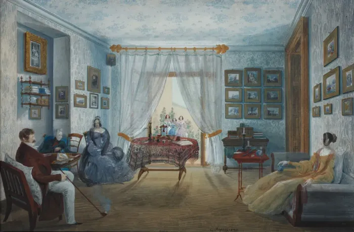 Framed Print : The Drawing Room in the Naryshkin Palace of Miskhor, 1842. Artist: Bossoli, Carlo (1815-1884) Framed Print : The Drawing Room in the Naryshkin Palace of Miskhor, 1842. Artist: Bossoli, Carlo (1815-1884)