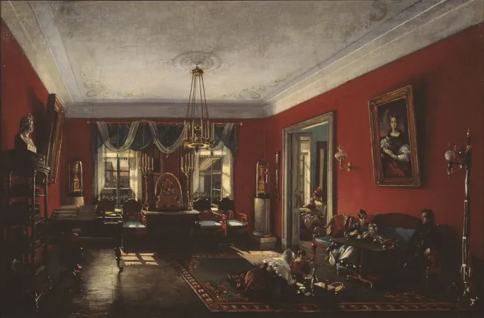 Framed Print : The drawing room in the Nashchokin House in Moscow, Early 1840s. Artist: Podklyuchnikov, Nikolai Ivanovich (1813-1877) Framed Print : The drawing room in the Nashchokin House in Moscow, Early 1840s. Artist: Podklyuchnikov, Nikolai Ivanovich (1813-1877)