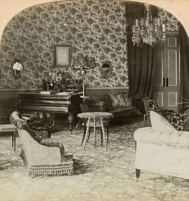 Framed Print : Drawing room of the Presidency, Lord Roberts headquarters, Bloemfontein, South Africa, 1900. Artist: Keystone View Company Framed Print : Drawing room of the Presidency, Lord Roberts headquarters, Bloemfontein, South Africa, 1900. Artist: Keystone View Company