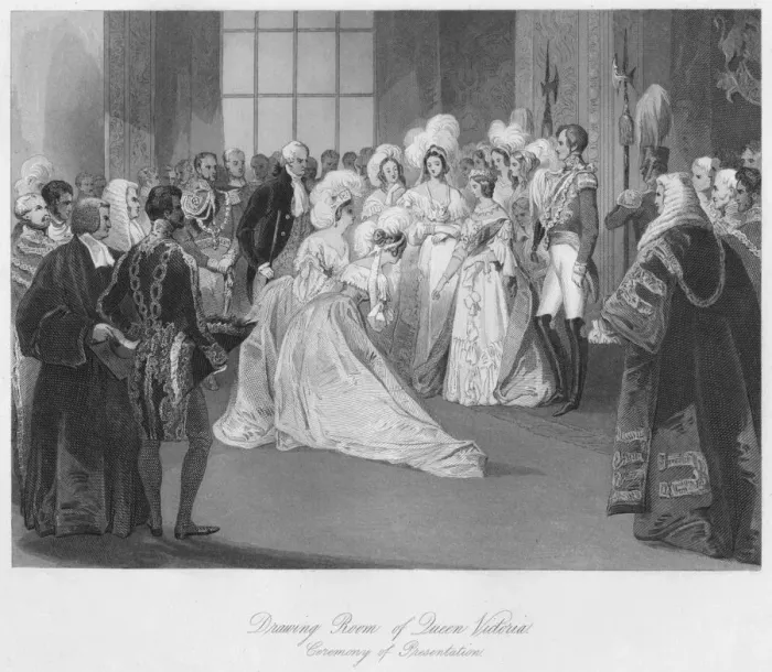 Framed Print : Drawing Room of Queen Victoria. Ceremony of Presentation, c1841. Artist: Henry Melville Framed Print : Drawing Room of Queen Victoria. Ceremony of Presentation, c1841. Artist: Henry Melville