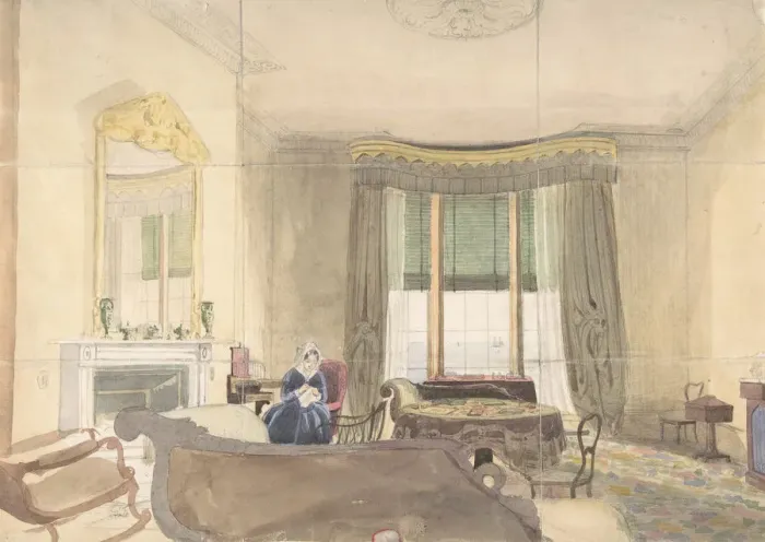 Framed Print : Drawing Room with Seated Woman, 1848. Creator: Anon Framed Print : Drawing Room with Seated Woman, 1848. Creator: Anon