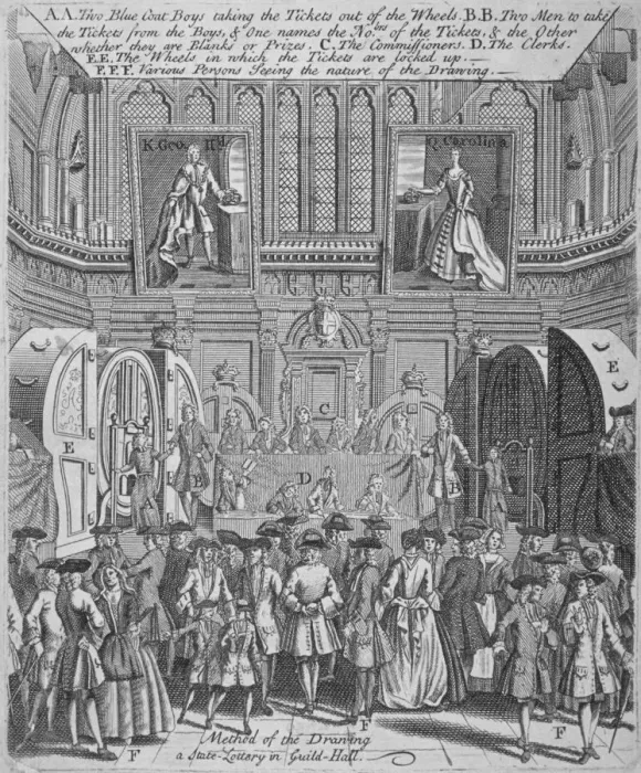 Framed Print : Drawing of the state lottery in the Guildhall, City of London, 1739 Framed Print : Drawing of the state lottery in the Guildhall, City of London, 1739